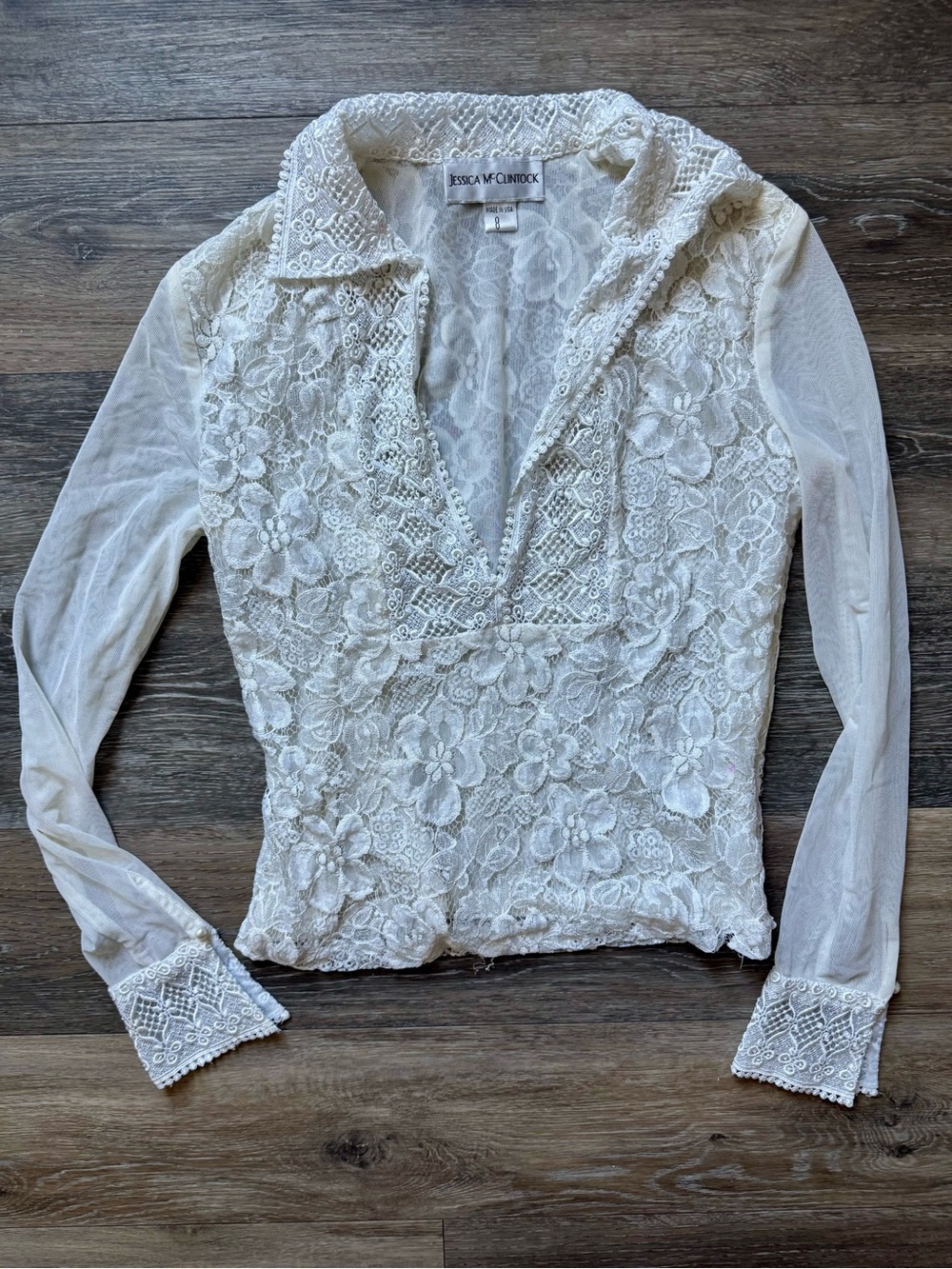 Jessica McClintock Ivory Floral Lace Collared Blouse